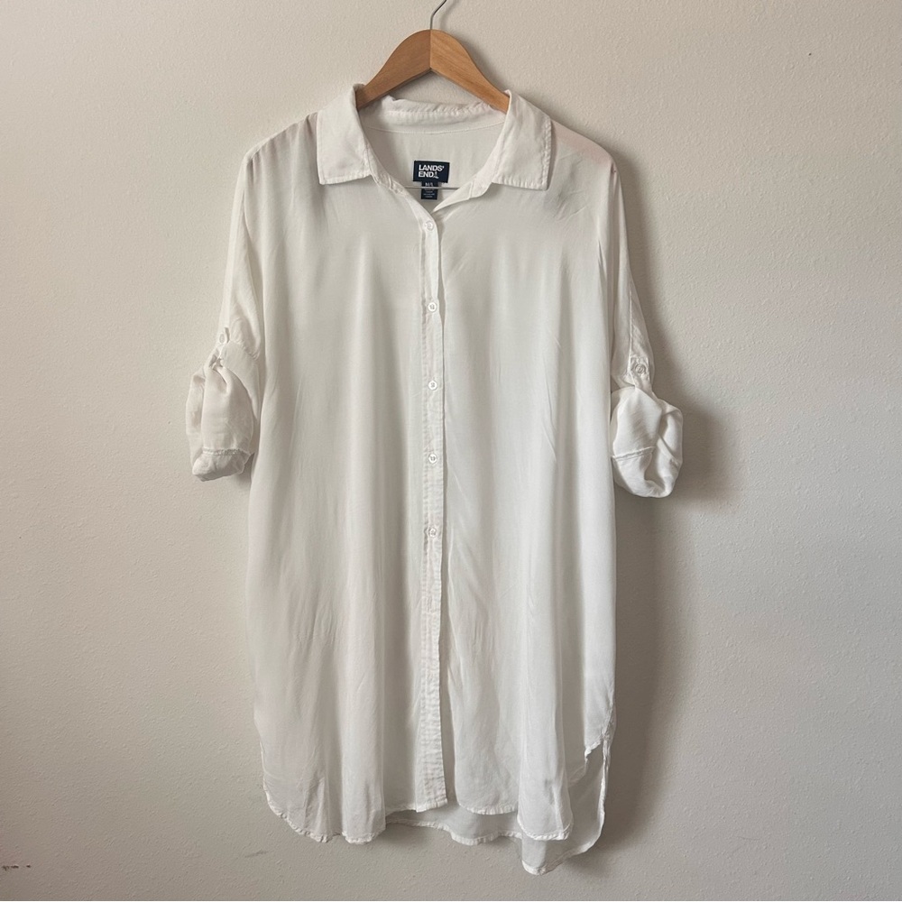 Lands Ends M/L Women’s White Sheer Rayon Oversized Cover Up Button Down Shirt